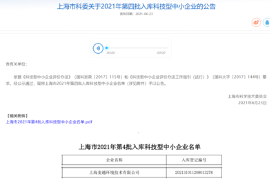 喜讯|麦越环境被认定为科技型中小企业